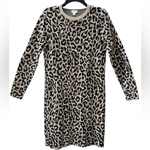 J Crew Black Brown Tan Leopard Animal Print Long Sleeve Sweater Dress Size S - Picture 3 of 11